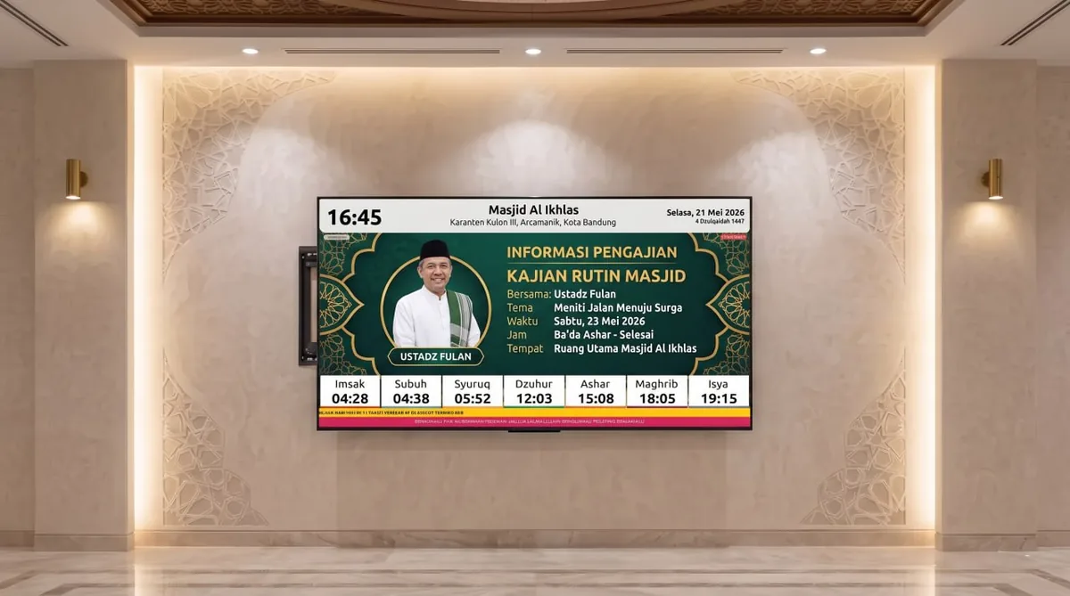 Tampilan TV masjid halaman informasi kajian rutin dan jadwal penceramah